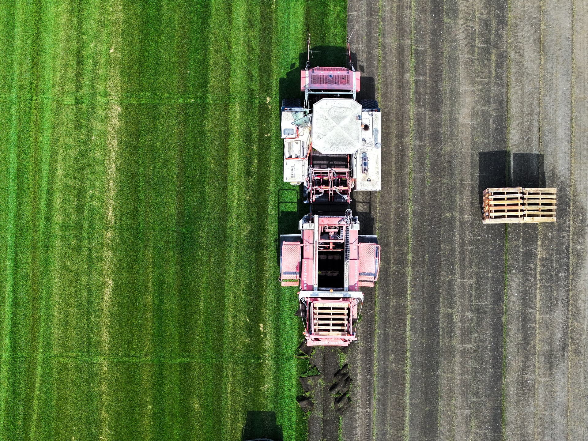 Aerial view of an A-G Sod Farms harvester cutting sod beside stacked pallets