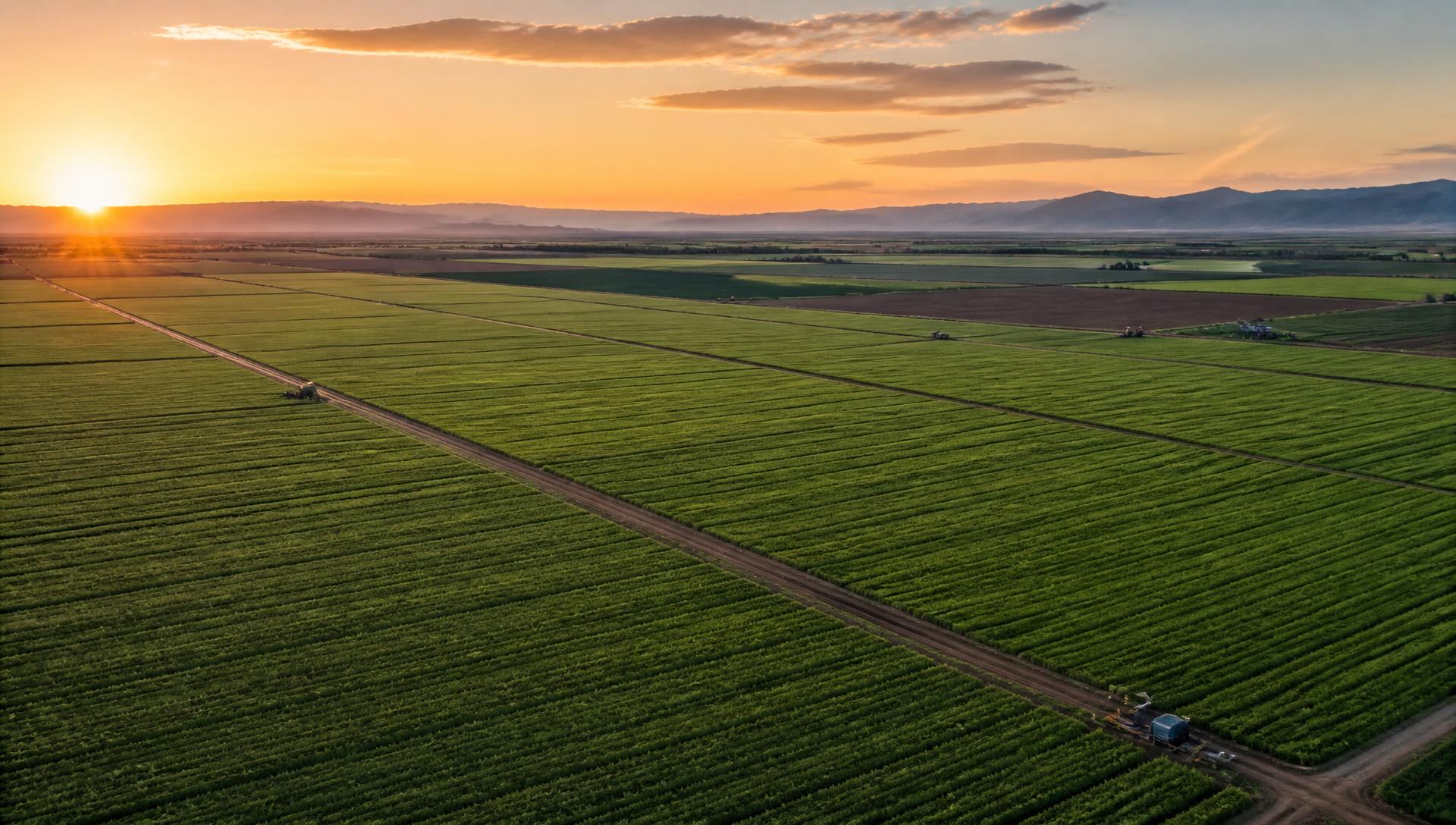Cinematic view of California sod farm at sunset