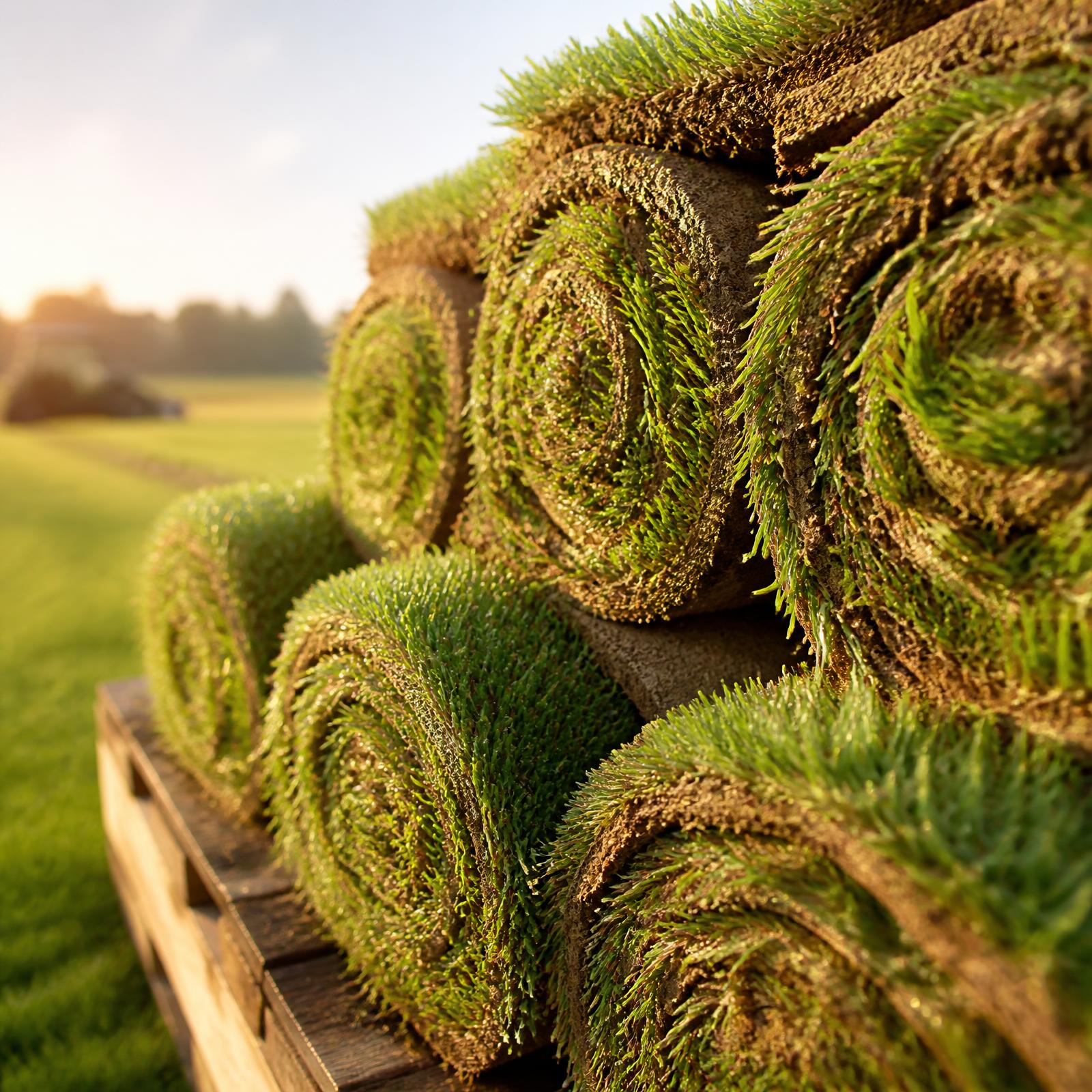 Fresh rolls of premium sod stacked at golden hour