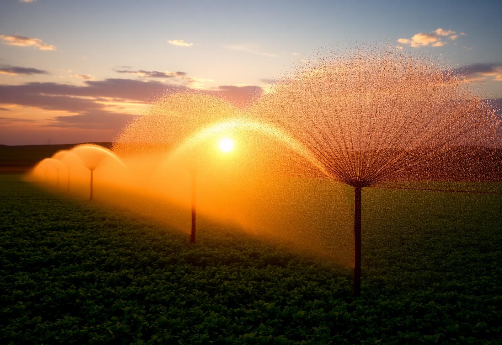 Irrigation over California sod field at sunset